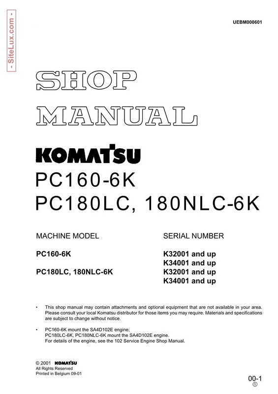 Komatsu PC160-6K, PC180LC-6K, 180NLC-6K Hydraulic Excavator Shop Manual - UEBM000601