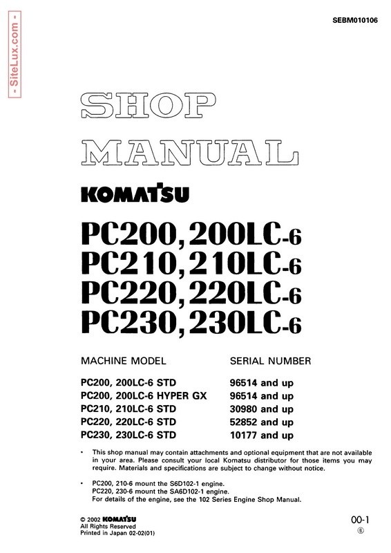 Komatsu PC200,LC-6 , PC210,LC-6 , PC220,LC-6, PC230,LC-6 Excavator Shop Manual - SEBM010106