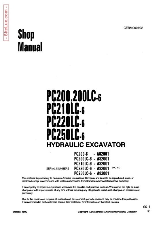 Komatsu PC200,200LC,210LC,220LC,230LC-6 Hydraulic Excavator (A82001 and up) Shop Manual - CEBM000102