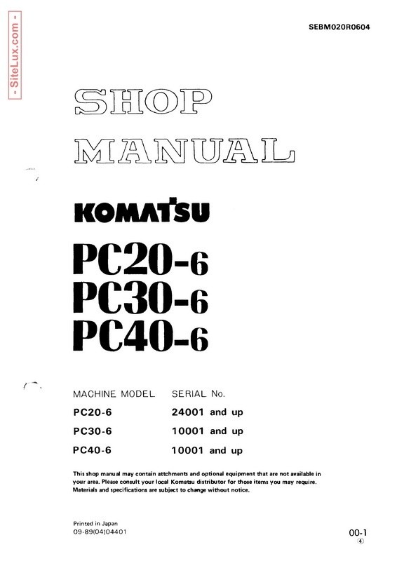 Komatsu PC20-6, PC30-6, PC40-6 Hydraulic Excavator Shop Manual - SEBM020R0604