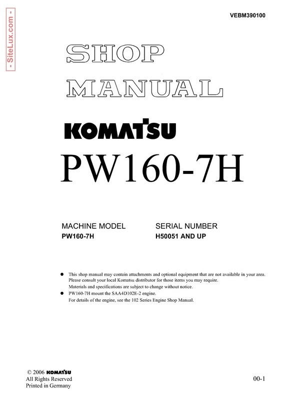 Komatsu PW160-7H Hydraulic Excavator (H50051 and up) Shop Manual - VEBM390100