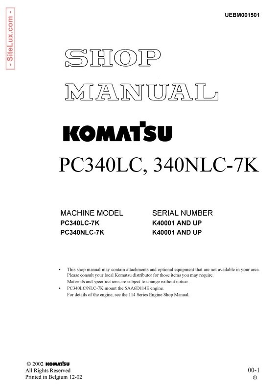 Komatsu PC340LC-7K, PC340NLC-7K Hydraulic Excavator (K40001 and up) Shop Manual - UEBM001501