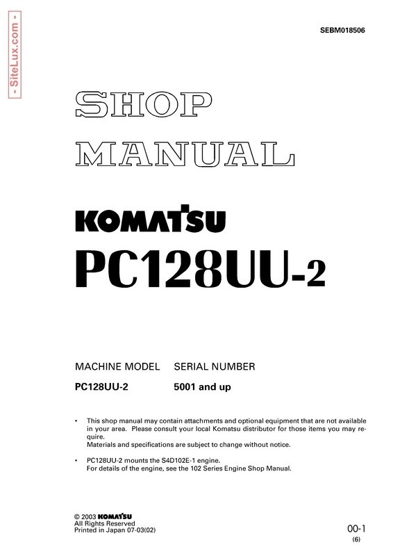 Komatsu PC128UU-2 Hydraulic Excavator (5001 and up) Shop Manual - SEBM018506