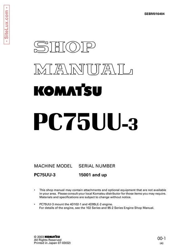 Komatsu PC75UU-3 Hydraulic Excavator (15001 and up) Shop Manual - SEBM016404