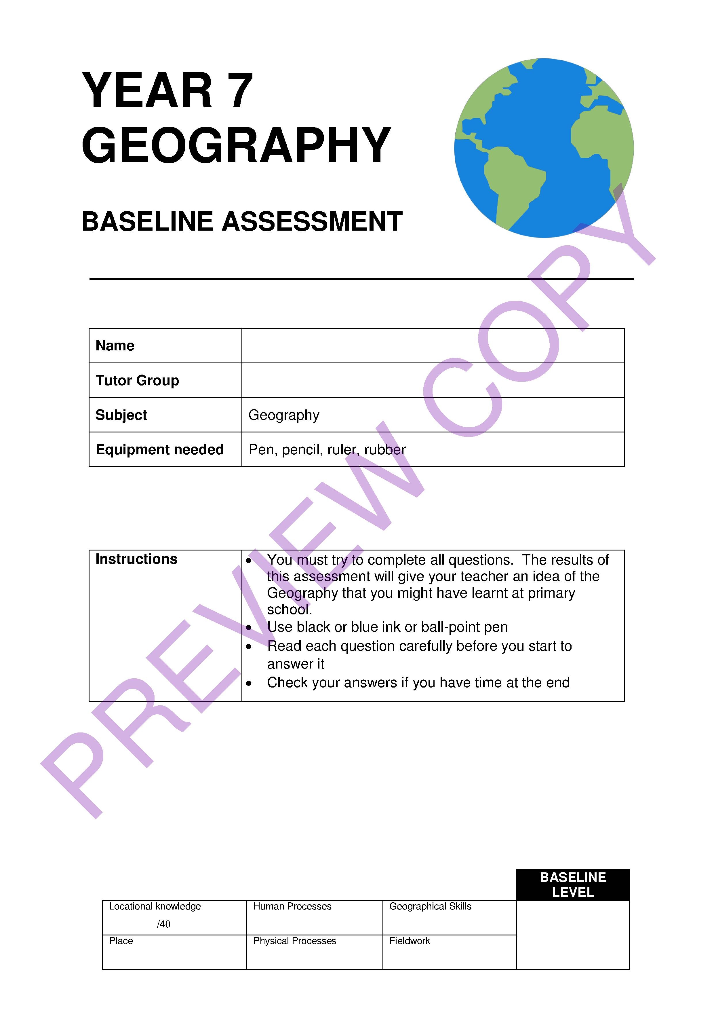 Geography KS3 Baseline Assessment And Mark Scheme For - D Burgess