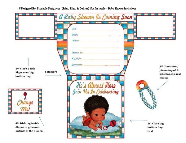 african-american-blue-squares-diaper-boy-baby-shower-invitations
