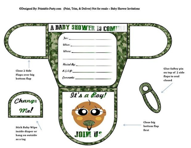 Army Chocolate Boy Diaper Baby Shower Invites