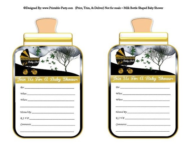 printable-gold-black-carriage-stroller-girl-baby-bottle-shaped-baby-shower-invitations