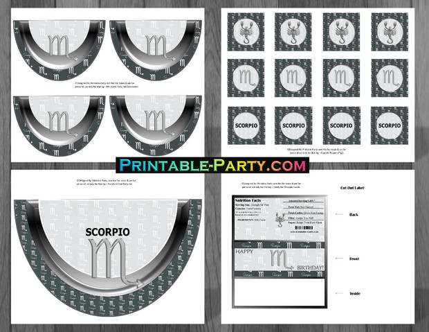 Printable Scorpio Party Supplies Grey and Black