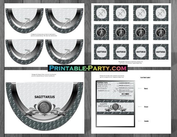 Sagittarius Zodiac Theme Printable Birthday Decorations Grey Black