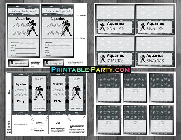 Aquarius Grey & Black Themed Printable Party Supply