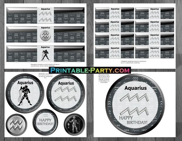 Aquarius Grey & Black Themed Printable Party Supply