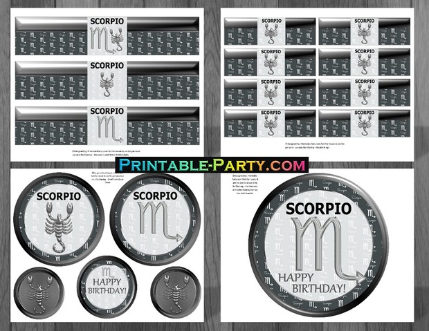 Printable Scorpio Party Supplies Grey and Black