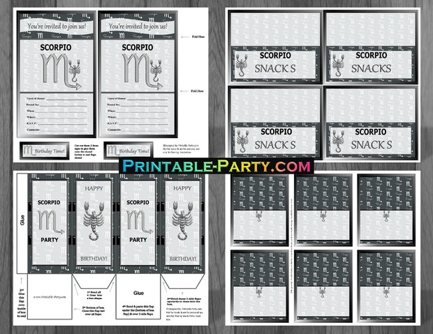 Printable Scorpio Party Supplies Grey and Black
