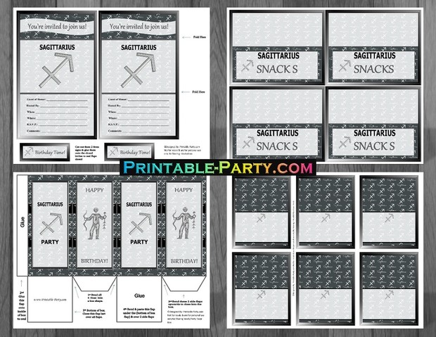 Sagittarius Zodiac Theme Printable Birthday Decorations Grey Black