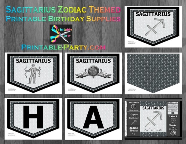 Sagittarius Zodiac Theme Printable Birthday Decorations Grey Black
