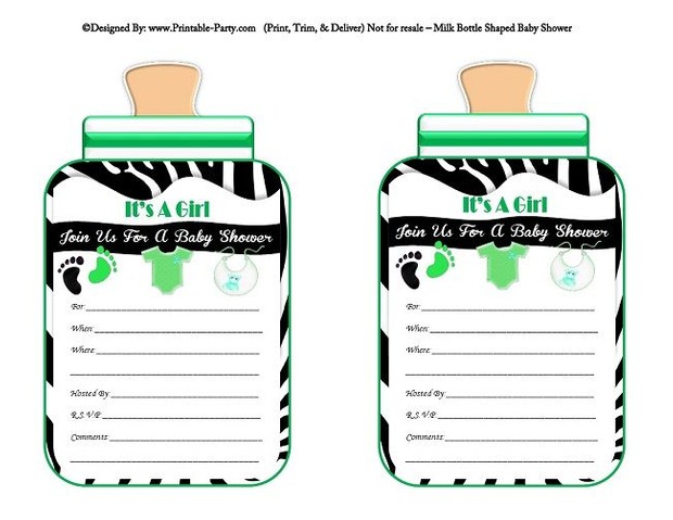 printable-black-green-zebra-feet-girl-baby-bottle-shaped-baby-shower-invitations