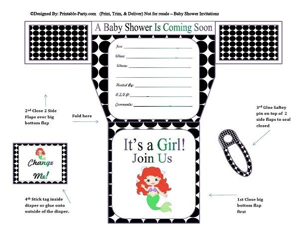 Black White Polka Dots Mermaid Diaper Girl Printable B Printable