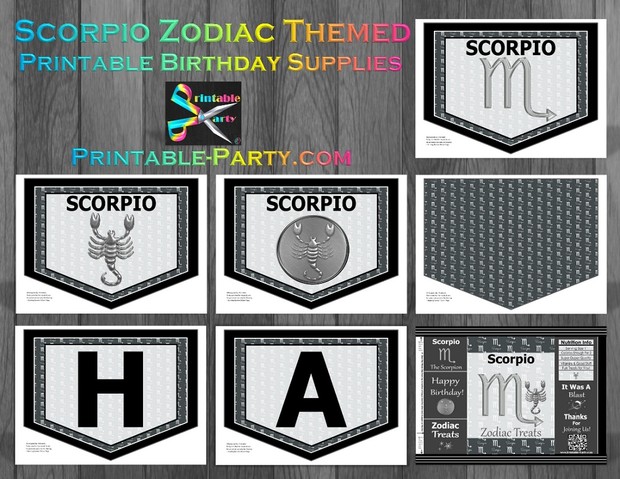 Printable Scorpio Party Supplies Grey and Black