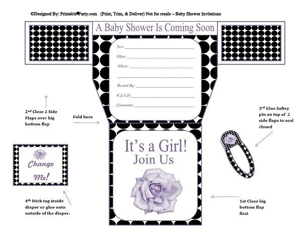 Black White Polka Dots Purple Flower Diaper Girl Baby Printable