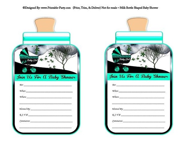 printable-aqua-black-carriage-stroller-girl-baby-bottle-shaped-baby-shower-invitations