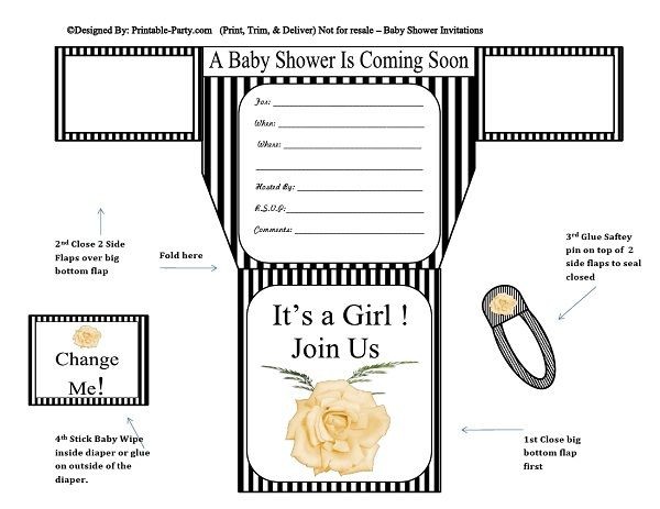 Black White Stripes Diaper Girl Baby Shower Invitation Printable