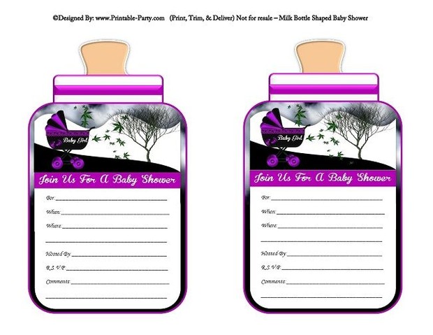 printable-purple-black-carriage-stroller-girl-baby-bottle-shaped-baby-shower-invitations