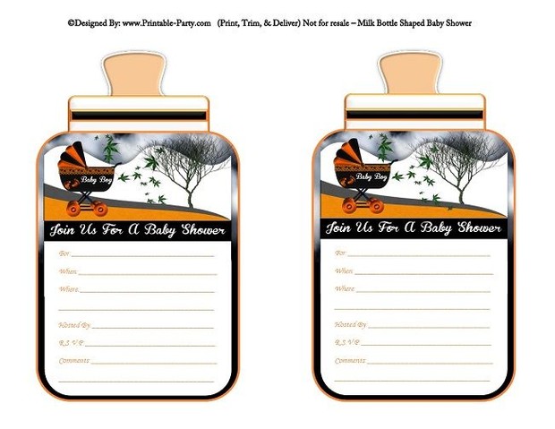 printable-orange-black-carriage-stroller-baby-boy-babies-bottle-shaped-baby-shower-invitations
