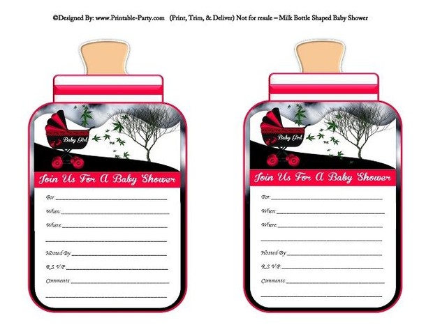 printable-violet-red-black-carriage-stroller-girl-baby-bottle-shaped-baby-shower-invitations