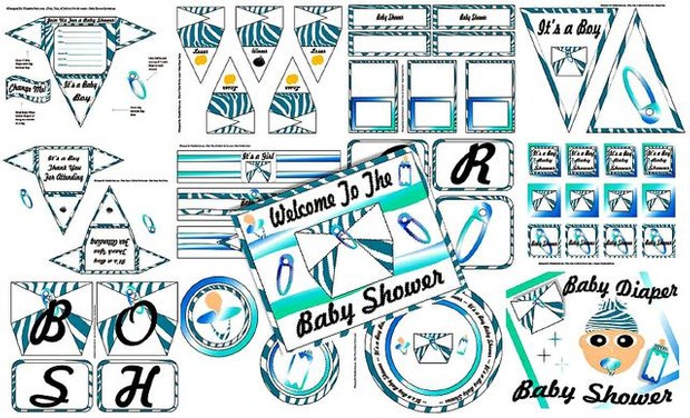 Blue Zebra Diaper Boys Baby Shower Printable Decorations