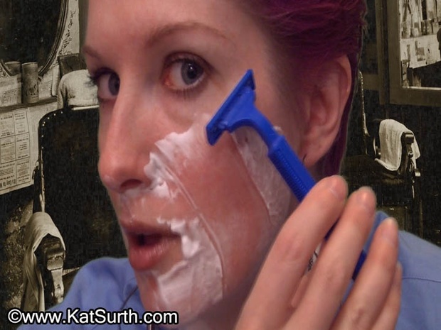 Kat's Face Shave with Disposable Razor White Tie Blue Blouse VOD Video on Demand Digital Video
