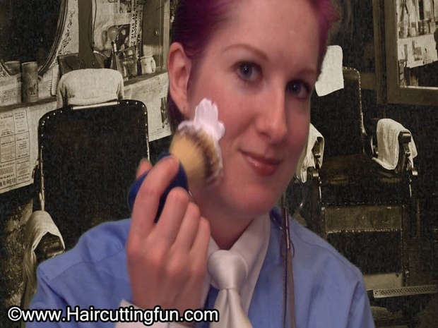 Kat's Face Shave with Disposable Razor White Tie Blue Blouse VOD Video on Demand Digital Video