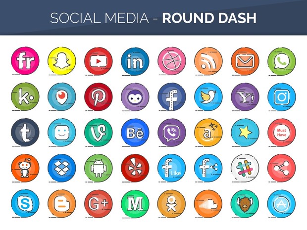 160 Flat Line Color Social Media Buttons