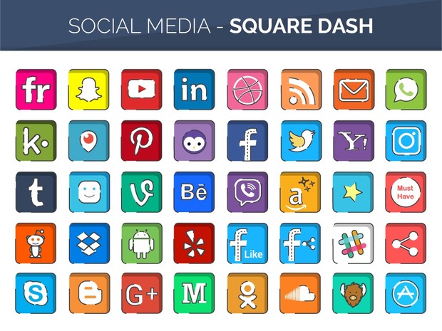 160 Flat Line Color Social Media Buttons