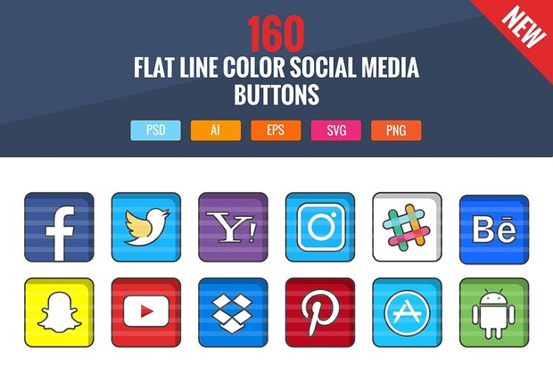 160 Flat Line Color Social Media Buttons