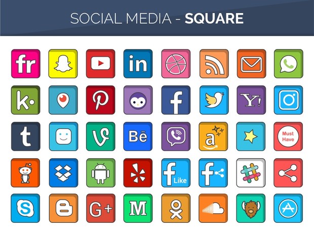 160 Flat Line Color Social Media Buttons