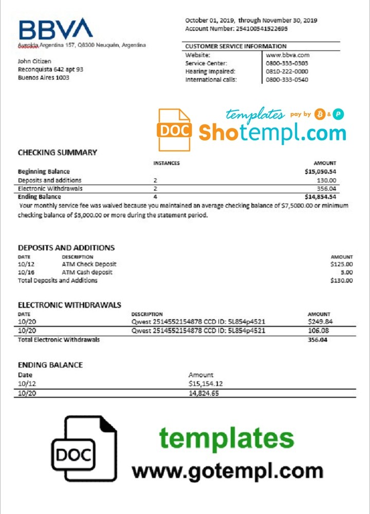 argentina bbva bank statement template in doc format f resume template for servers