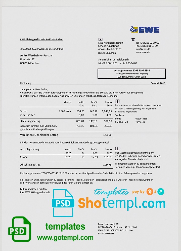germany ewe utility bill template fully editable in ps all resume format free download