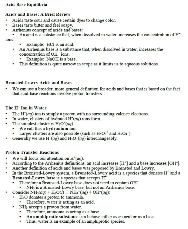 Acid-Base Equilibria - Quick Review Outline and Handout (Chemistry)