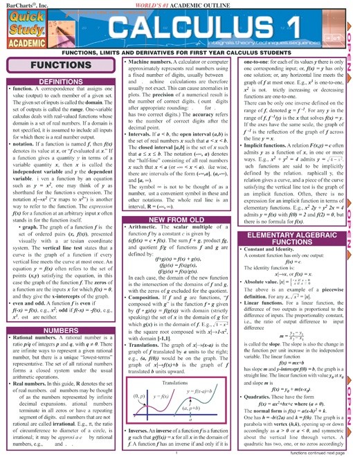 Calculus 1 - Quick Review Study Guide and Handout