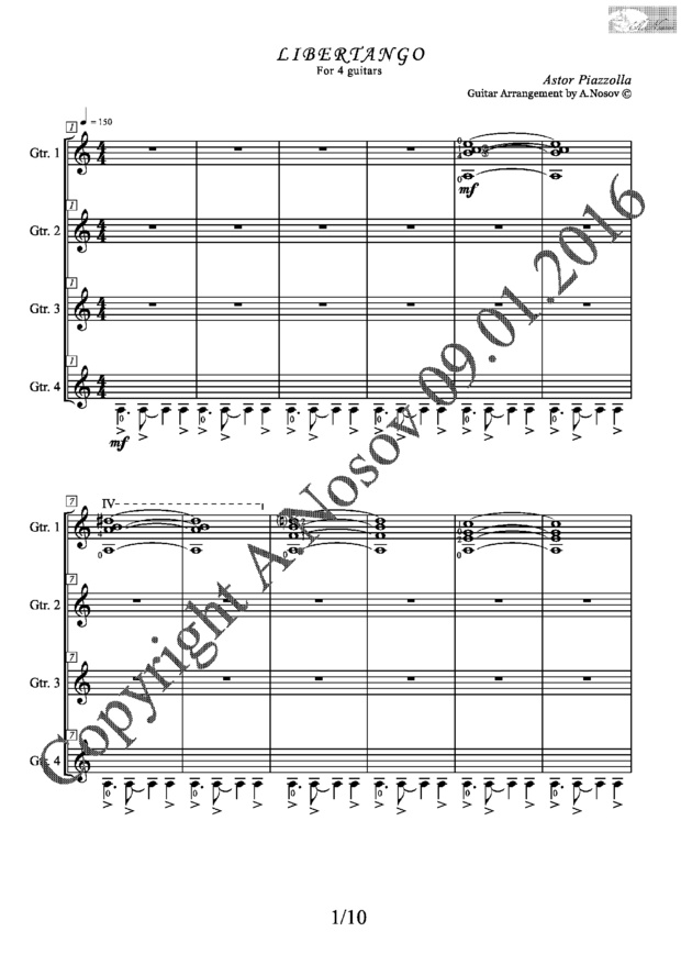 Libertango (A.Piazzolla) Sheet music for 4 guitars