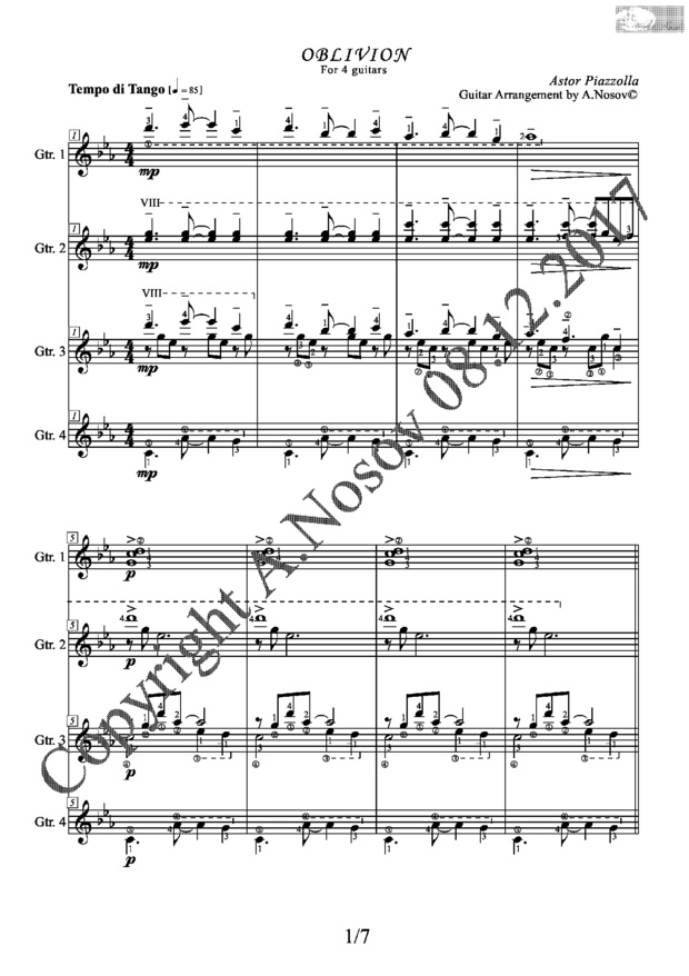 Oblivion (A.Piazzolla) Sheet Music for Guitar Quartets