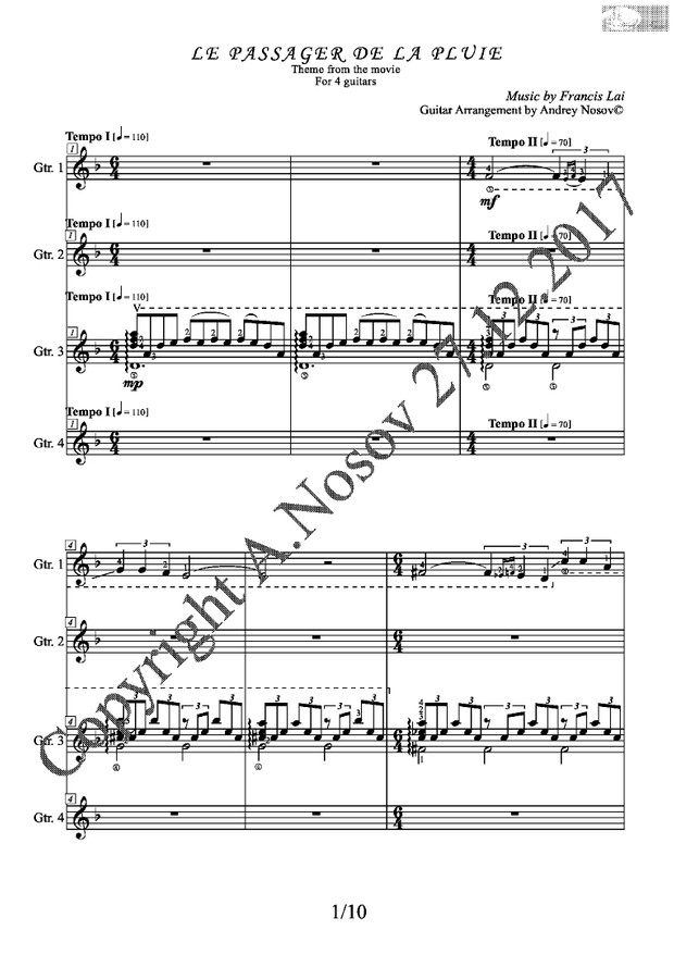 Le Passager de la Pluie (F.Lai) Sheet Music for Guitar Quartets