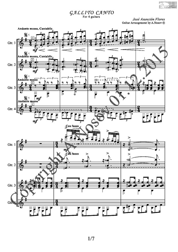 Gallito Canto (J.A.Flores) Sheet music for 4 guitars
