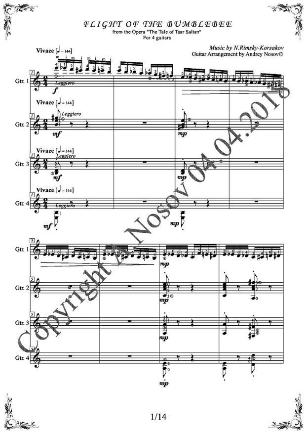Flight of the Bumblebee (N.Rimsky-Korsakov) Sheet Music for 4 guitars