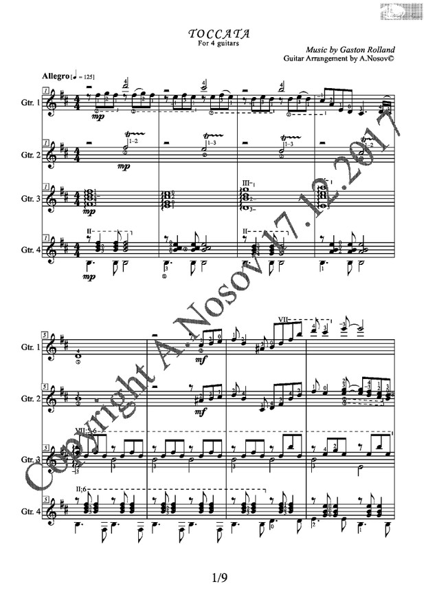 Toccata (G.Rolland) Sheet Music for a 4-guitar ensemble