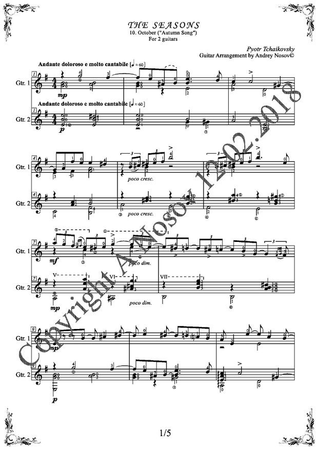 The Seasons, October (P.Tchaikovsky) Sheet Music for Guitar Duets