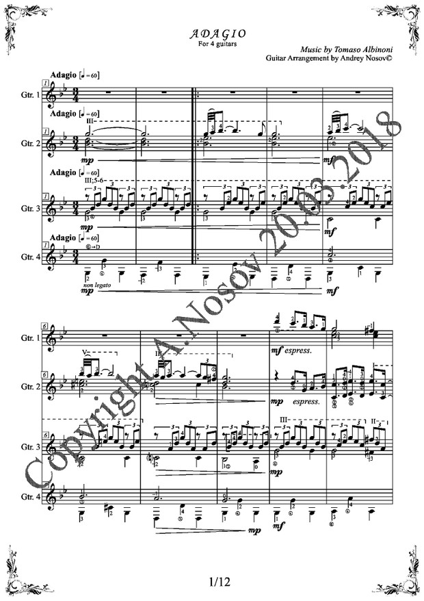 Adagio (T.Albinoni) Sheet Music for Guitar Quartets
