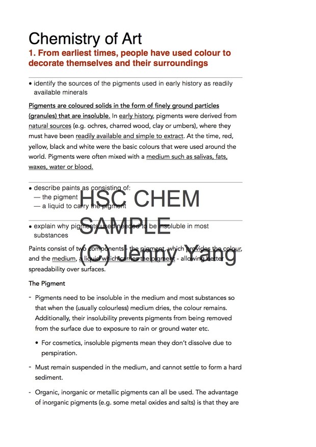 HSC 99.90 ATAR Chemistry (96) Band 6 Chemistry of Art Option Syllabus Notes