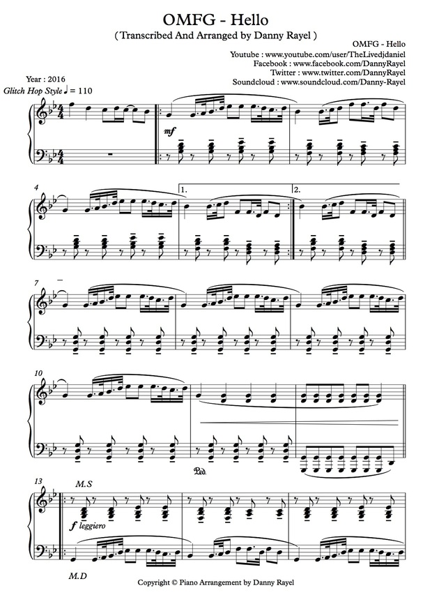 OMFG - Hello ( Piano Arrangement by Danny Rayel ) ( Sheet Music )